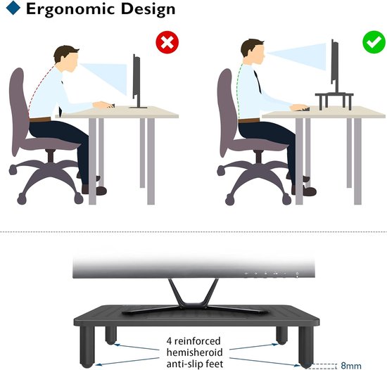 BOKIOVIN Metalen monitorstandaard verhoging met lade en 2 penhouders, laptop pc-verhoging voor bureau, 2 etages, bureau, kantooraccessoires, organizer (zwart