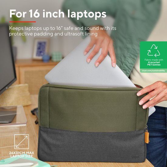 Trust Lisboa - Laptophoes - Laptop sleeve - 16 inch - Gerecycled materiaal - Groen