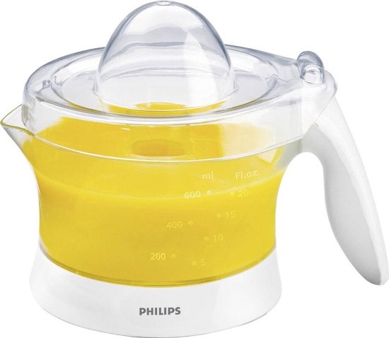 Philips citruspers gevuld met sinaasappelsap, met maataanduidingen in ml en fl.oz.