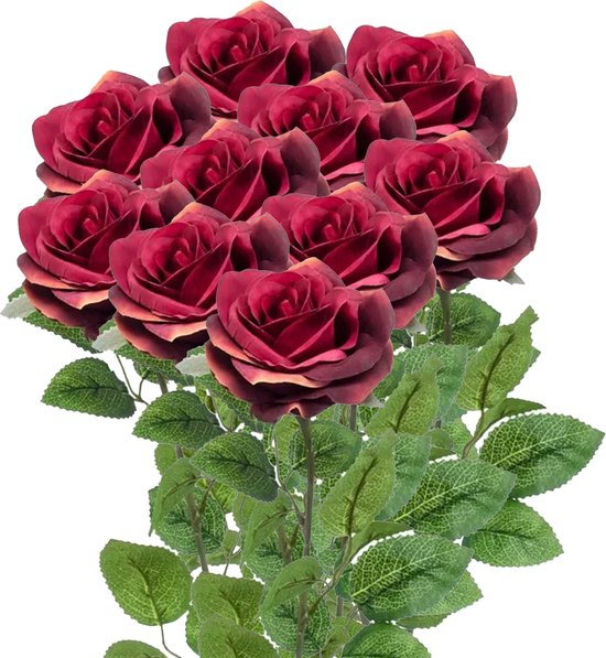 Emerald Kunstbloemen boeket roos Marleen - 10x - wijn rood - 63 cm - decoratie