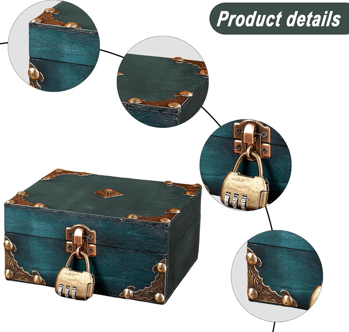 qhklew Vintage houten schatkist, klein, schatkist met cijferslot, retro kleine houten kisten, schatkist voor kinderen, sieradenkistje, mini-houten kist voor opslag en decoratie, smaragd