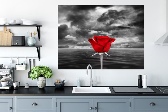Sticker Muursticker Rouge noir blanc - Photo Zwart et blanc de rose rouge, contre mer et ciel nuageux - 120x90 cm - film adhésif autocollant - sticker mural repositionnable