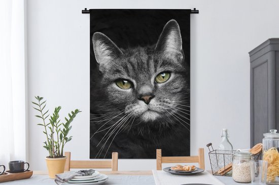Wandkleed - Wanddoek - Huisdieren - Kat - Dieren - Zwart - Wit - 90x135 cm - Wandtapijt