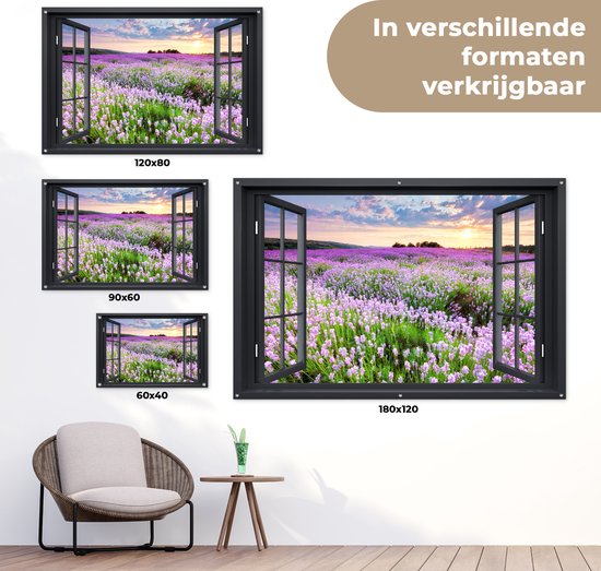 Tuinposter 120x80 cm - Tuindecoratie Doorkijk - Bloemen - Landschap - Raam - Poster voor in de tuin - Buiten decoratie - Schutting tuinschilderij - Tuindoek muurdecoratie - Wanddecoratie balkondoek