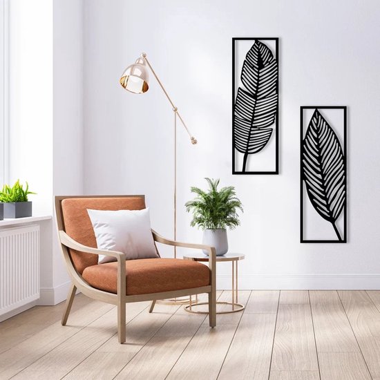 BT Home - XL - 2 stucks bladeren modern deco muurdecoratie - Wanddecoratie - Zwart - art - Muurdecoratie - Line art - Wall art - Bohemian - Wandborden - Woonkamer - 75x60cm