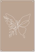 Tuinposter 60x90 cm - Tuindecoratie - Line Art - Vlinder - Bloemen - Vlinders - Taupe - Muurdecoratie voor buiten - Schutting decoratie - Tuin accessoires - Tuindoek - Buitenposter