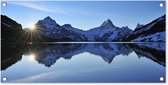 Tuinposter Alpen - Berg - Water - Sneeuw - 80x40 cm - Wanddecoratie Buiten - Tuinposter - Tuindoek - Schuttingposter - Tuinschilderij