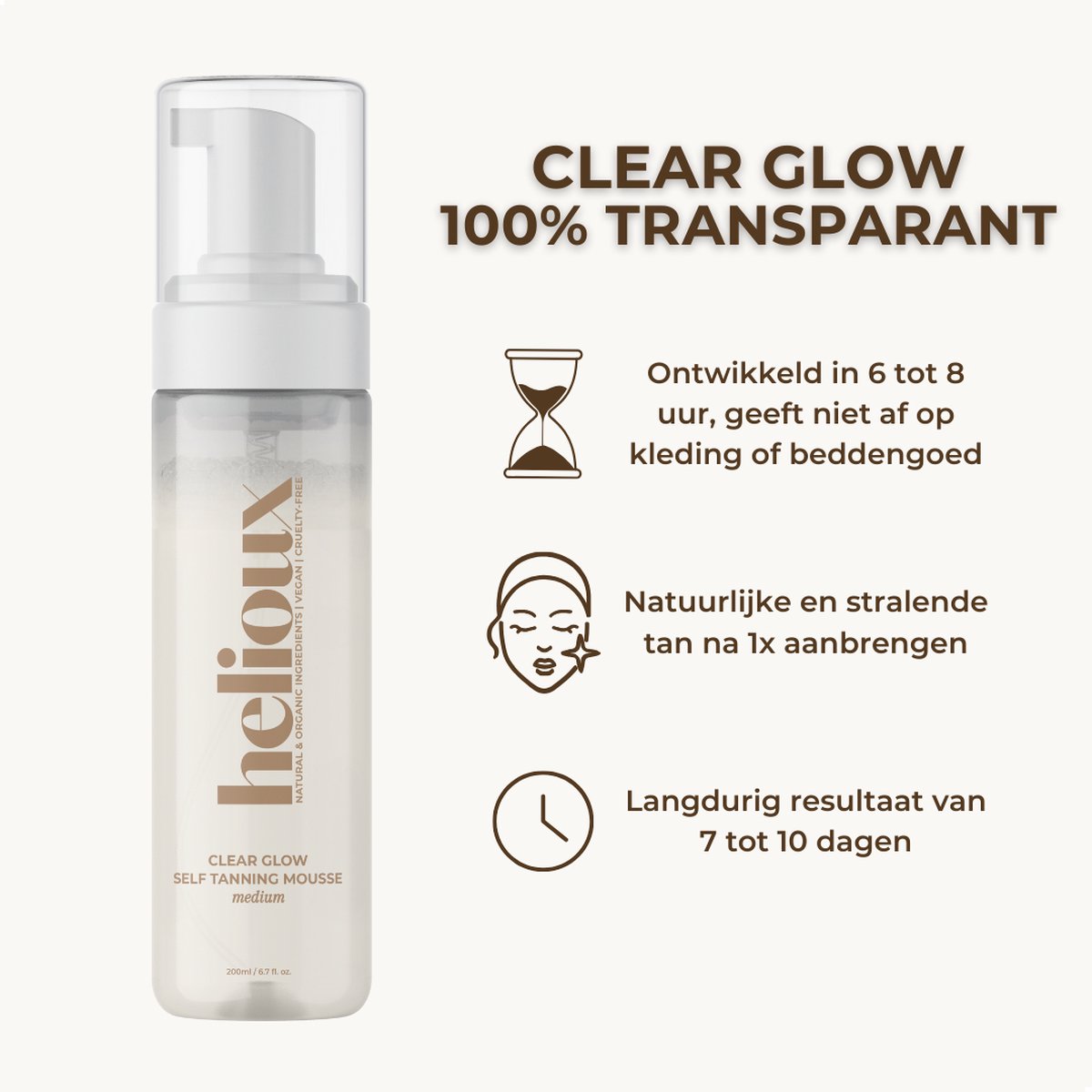 Helioux® Zelfbruiner Mousse Clear Glow Medium - Self Tanning Mousse voor Lichaam & Gezicht Medium - Volledig Transparant - Zero Transfer - Vegan & Dierproefvrij - Natuurlijke Ingrediënten – foto 4