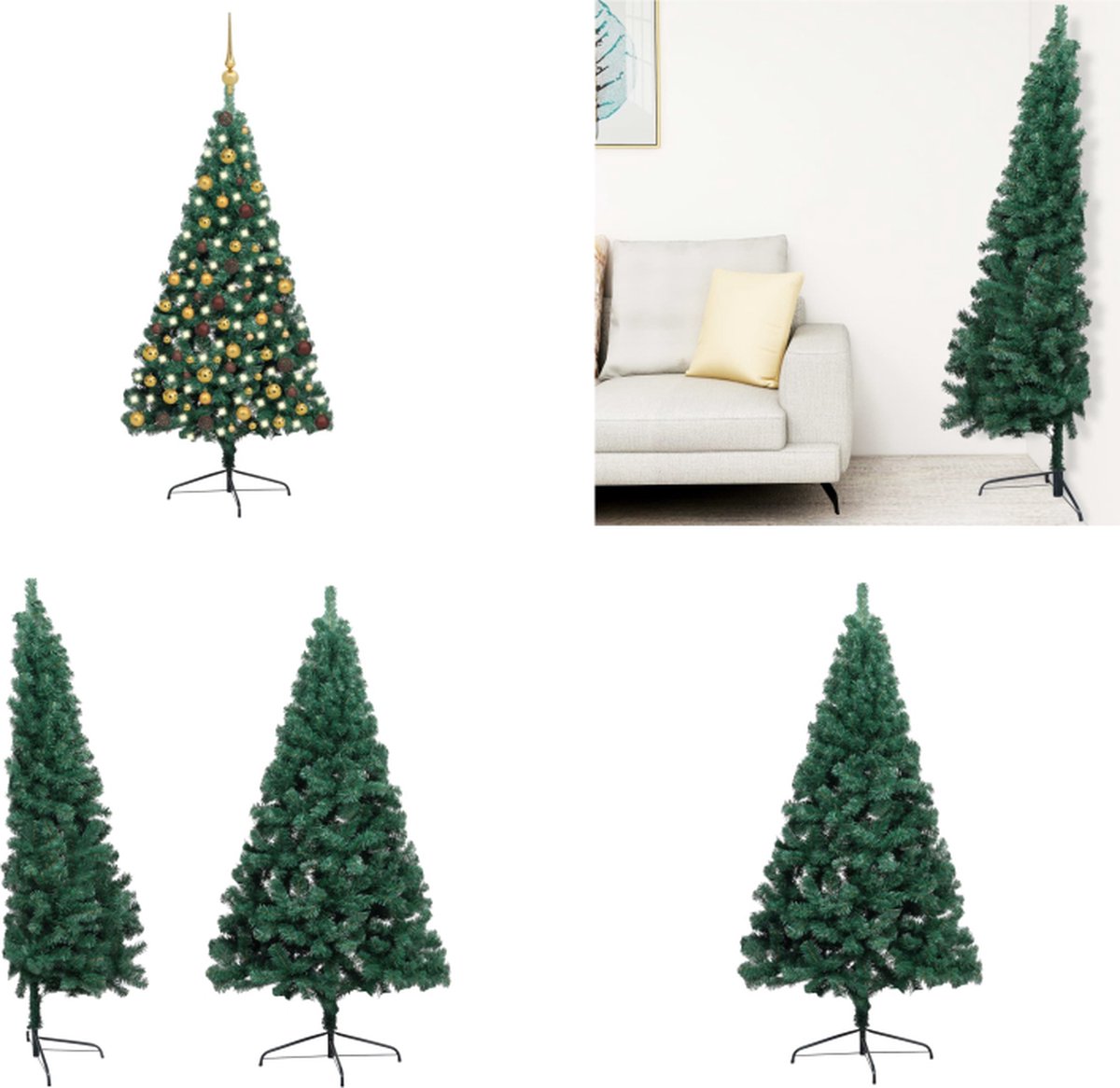 vidaXL Kunstkerstboom met LED's en kerstballen half 210 cm groen - Kunstkerstboom - Kunstkerstbomen - Kerstboom - Kerstdecoratie