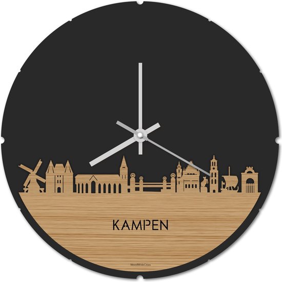 Skyline Klok Rond Kampen Bamboe hout - Ø 44 cm - Stil uurwerk - Wanddecoratie - Meer steden beschikbaar - Woonkamer idee - Woondecoratie - City Art - Steden kunst - Cadeau voor hem - Cadeau voor haar - Jubileum - Trouwerij - Housewarming -