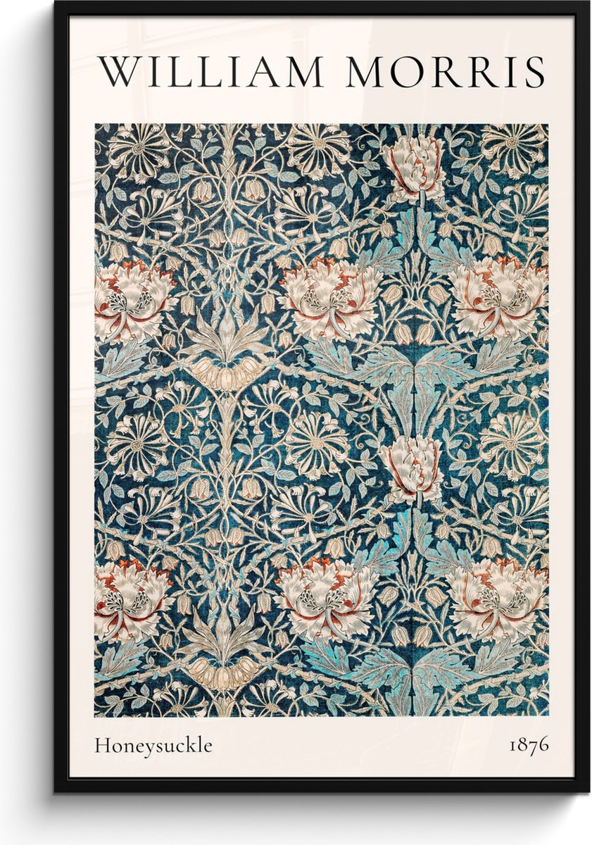 FrameYourWall Poster in lijst - Fotolijst 80x120 cm - Posters - William Morris - Honeysuckle - Abstract - Natuur - Blauw - Posterlijst zwart - Decoratie - Wanddecoratie woonkamer - Muurdecoratie slaapkamer