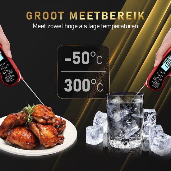 MostEssential Premium Vleesthermometer - BBQ Thermometer - Kernthermometer - Suikerthermometer - Keukenthermometer - Digitaal – Draadloos - Waterdicht - Rood - MostEssential