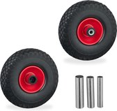 Relaxdays steekwagenwiel - set van 2 - massief rubber - 3.00-4 - skelterwiel - stalen velg - zwart-rood