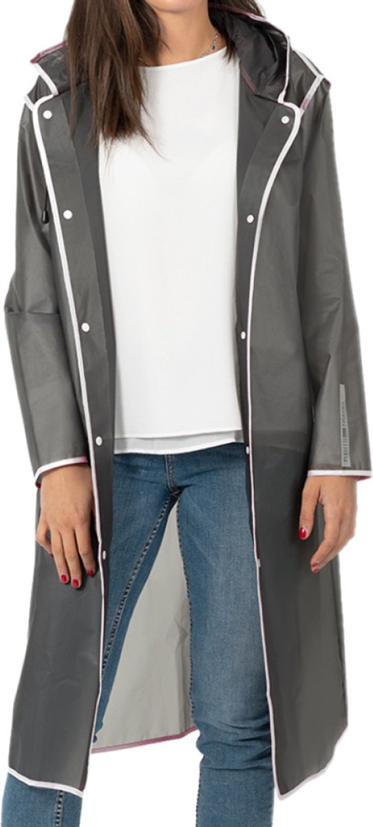 Semi transparante zwarte regenjas City Trench met witte bies S