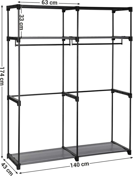 Kledingkast met Kledingstangen – Stoffen Kledingkast – Kledingrek – Grijs