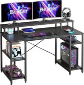 Gaming bureau met monitorplank, 140 cm groot thuiskantoor bureau met open planken, schrijf-gaming studietafel werkstation voor kleine ruimtes, koolstofvezel