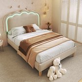 Sweiko gestoffeerd bed LED eenpersoonsbed 90 x 200 cm, bedombouw met lattenbodem en verstelbaar hoofdeinde, gestoffeerd bed in beige, bedombouw jeugdbed voor slaapkamer logeerkamer linnenmateriaal
