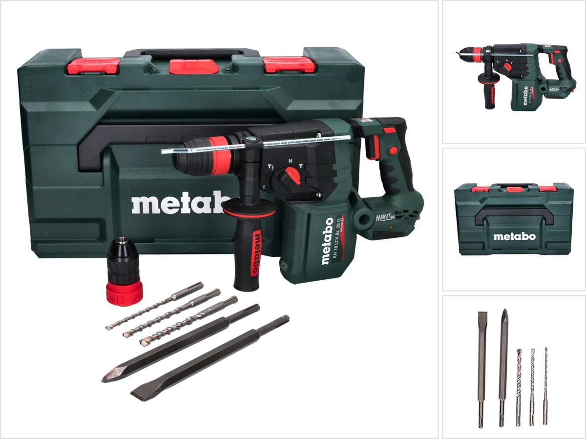 Metabo KH 18 LTX BL 28 Q accu-boorhamer 18 V 3 J SDS plus Brushless + 5-delige boor- en beitelset + metaBOX - zonder accu, zonder oplader