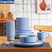 CasaVibe Luxe Serviesset – 48 delig – 12 persoons – Porselein - Bordenset – Dinner platen – Dessertborden - Kommen - Mokken - Set - Licht Blauw