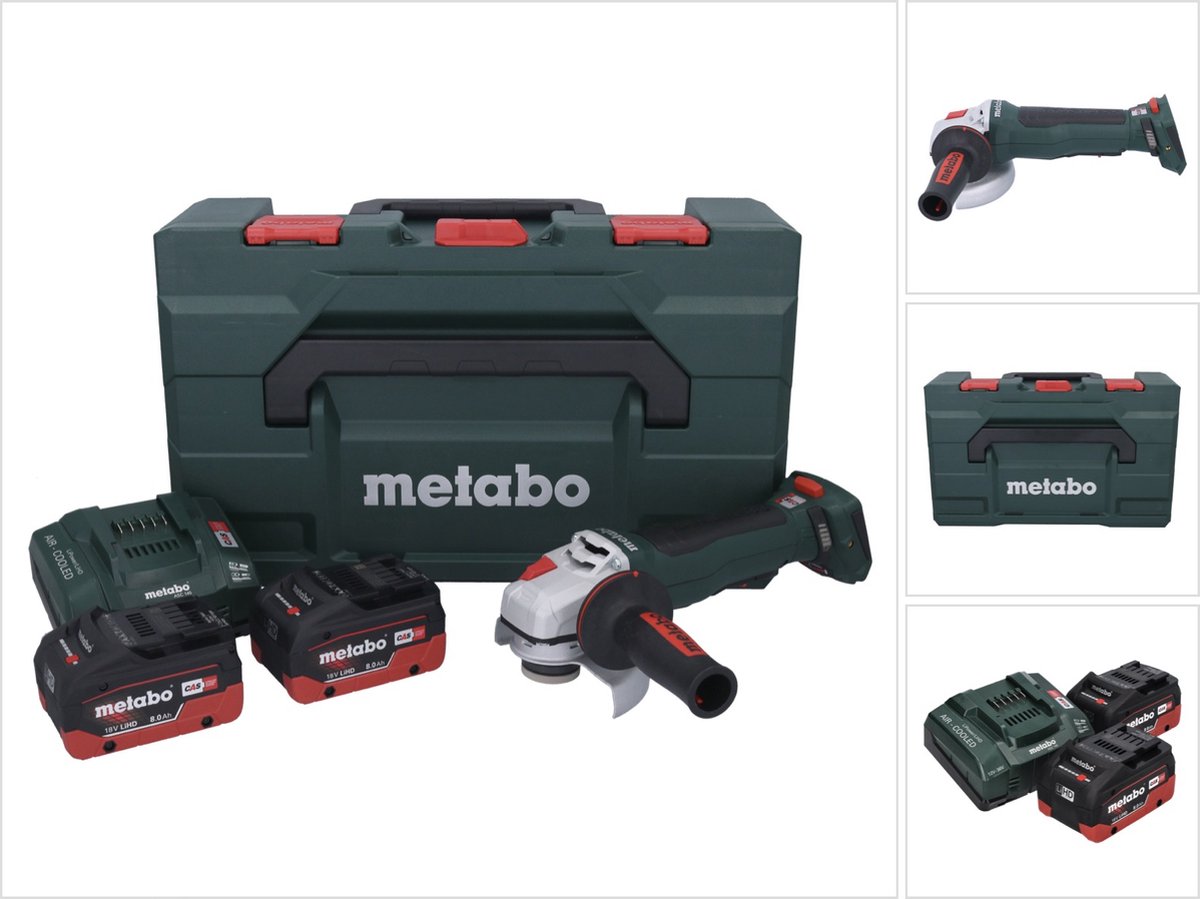 Metabo WPB 18 LT BL 11-125 Quick accu haakse slijper 18 V 125 mm borstelloos + 2x accu 8.0 Ah + lader + metaBOX
