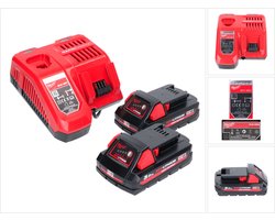 Milwaukee M18 NRG-302 Accu Startset High Output 2x 18 V 3.0 Ah / 3000 mAh Li-Ion accu ( 2x 4932471069 ) + M12-18FC lader ( 4932451079 )