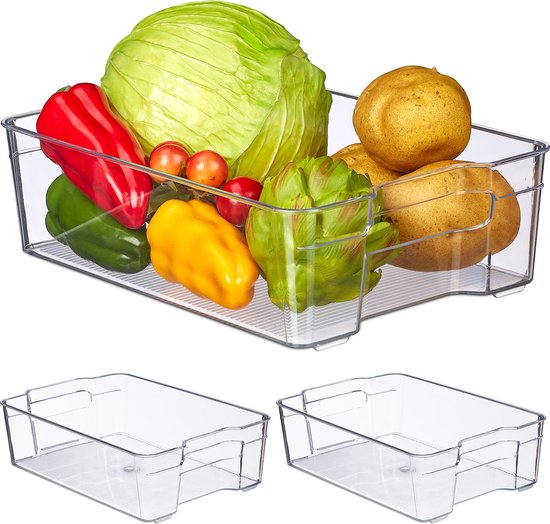Relaxdays 3x koelkast organizer - plastic - keuken organizer - opbergbak - transparant