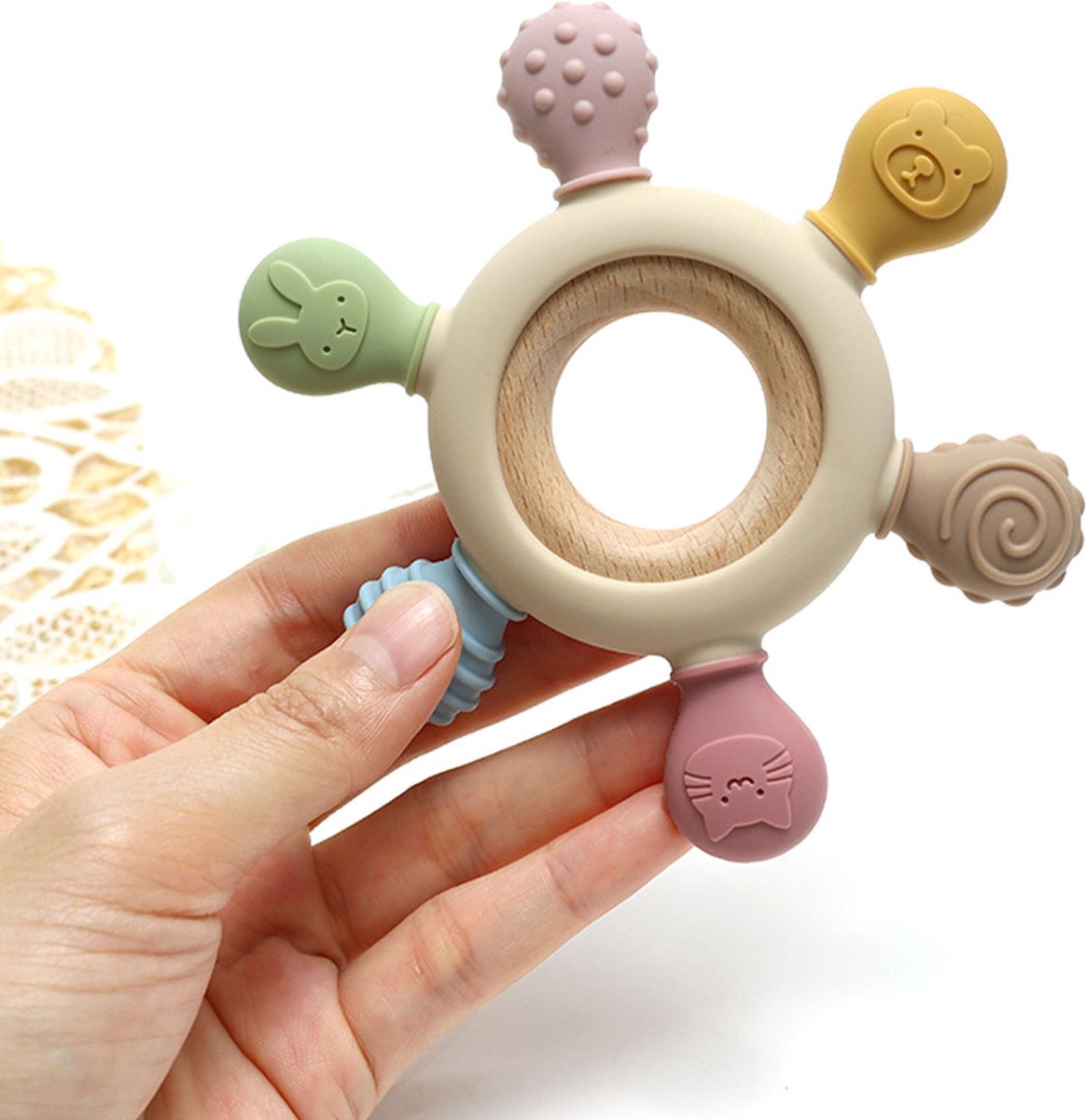 RubyC Bijtring Khaki Baby Bijtspeelgoed - Siliconen Bijtspeeltje met Houten Ring - Tandjes Kalmeren van Tandvlees - Kraamcadeau - Kerstcadeau - Sinterklaas Kerst Cadeau - Teether – foto 5