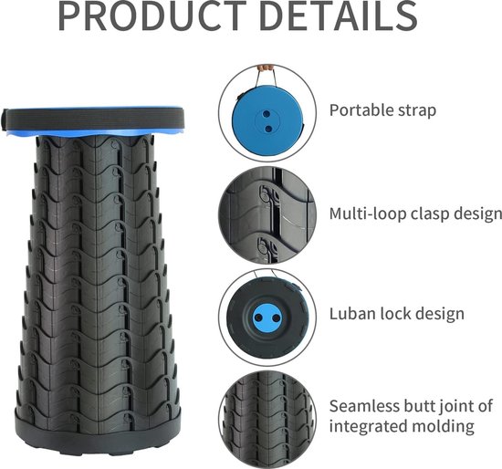 Telescoopkruk Campingkruk TÜV & GS Getest - Verbeterde Tweede Generatie Maximaal Draagkracht 150 Kg Zwart Telescopic Stool