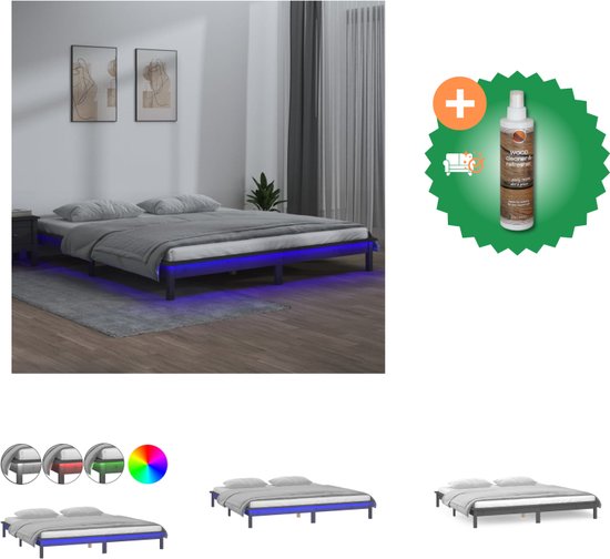 vidaXL Bedframe LED massief hout grijs 140x190 cm - Bed - Inclusief Houtreiniger en verfrisser