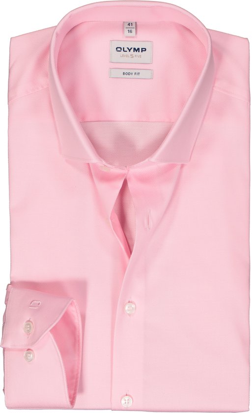 OLYMP Level 5 body fit overhemd - mouwlengte 7 - structuur - roze - Strijkvriendelijk - Boordmaat: 41