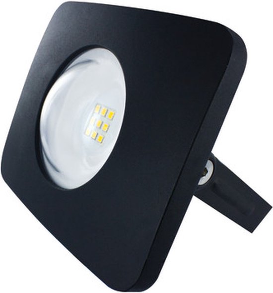Zwarte vierkante LED-schijnwerper met verstelbare steun en verlichting.