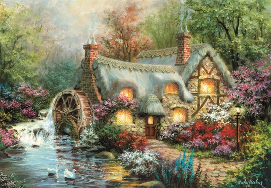 Een schilderachtige cottage met rieten dak, watermolen, bloeiende bloemen en twee zwanen in het water.