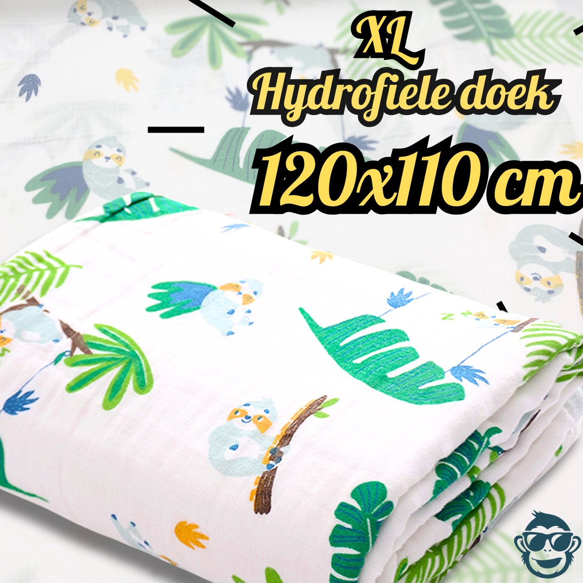 Goedkoopste BoefieBoef XL Hydrofiele Doek 120x110cm - Zachte Bamboe Swaddle, Inbakerdoek, Mousseline Doek voor Baby's en Newborns 0 tot 12 maanden - Jungle Luiaard - Dubbellaags, Ademend en Absorberend - Kerst en KraamCadeau - Duurzaam - Babydeken - Plant Groen
