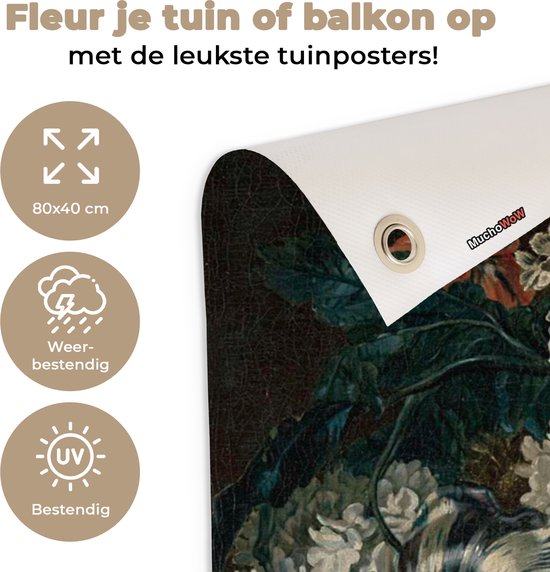 Affiche de jardin Nature morte aux fleurs - Peinture de Cornelia van der Mijn - 80x40 cm - Décoration murale Extérieur - Affiche de jardin - Toile de jardin - Affiche de clôture - Peinture de jardin