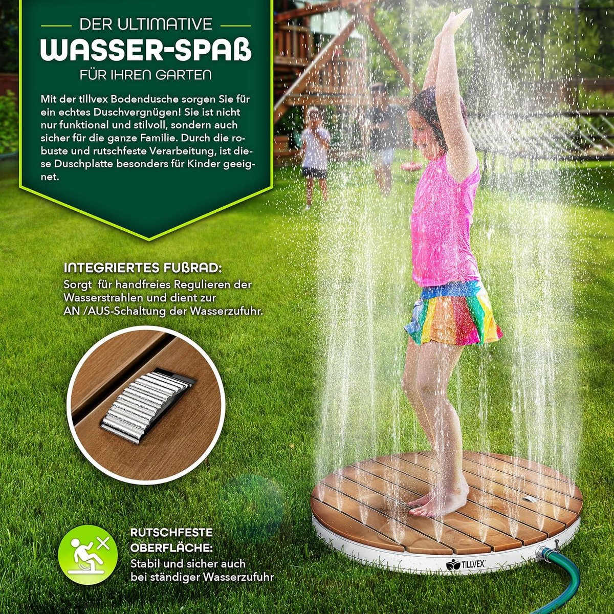 tillvex® Tuindouche voor buiten met een fonteinhoogte tot 4 m | Vloerdouche met voetpedaal | Antislip campingdouche buitendouche | Weerbestendige sauna- en gemaakt van aluminium/WPC (Rond) thumbnail 5