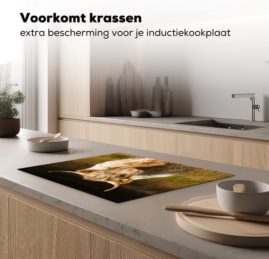 KitchenYeah® Inductie beschermer 71x52 cm - Schotse Hooglander - Licht - Gras - Dieren - Kookplaataccessoires - Afdekplaat voor kookplaat - Inductiebeschermer - Inductiemat - Inductieplaat mat