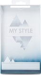 Emballage d'un étui de téléphone avec des montagnes abstraites et un paysage, portant le texte 'My Style'.