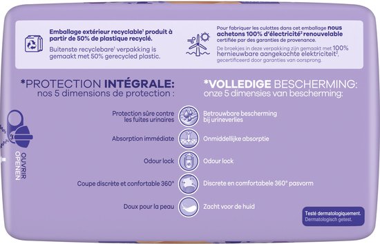 Verpakking met uitleg over bescherming en afmetingen van Always Discreet.