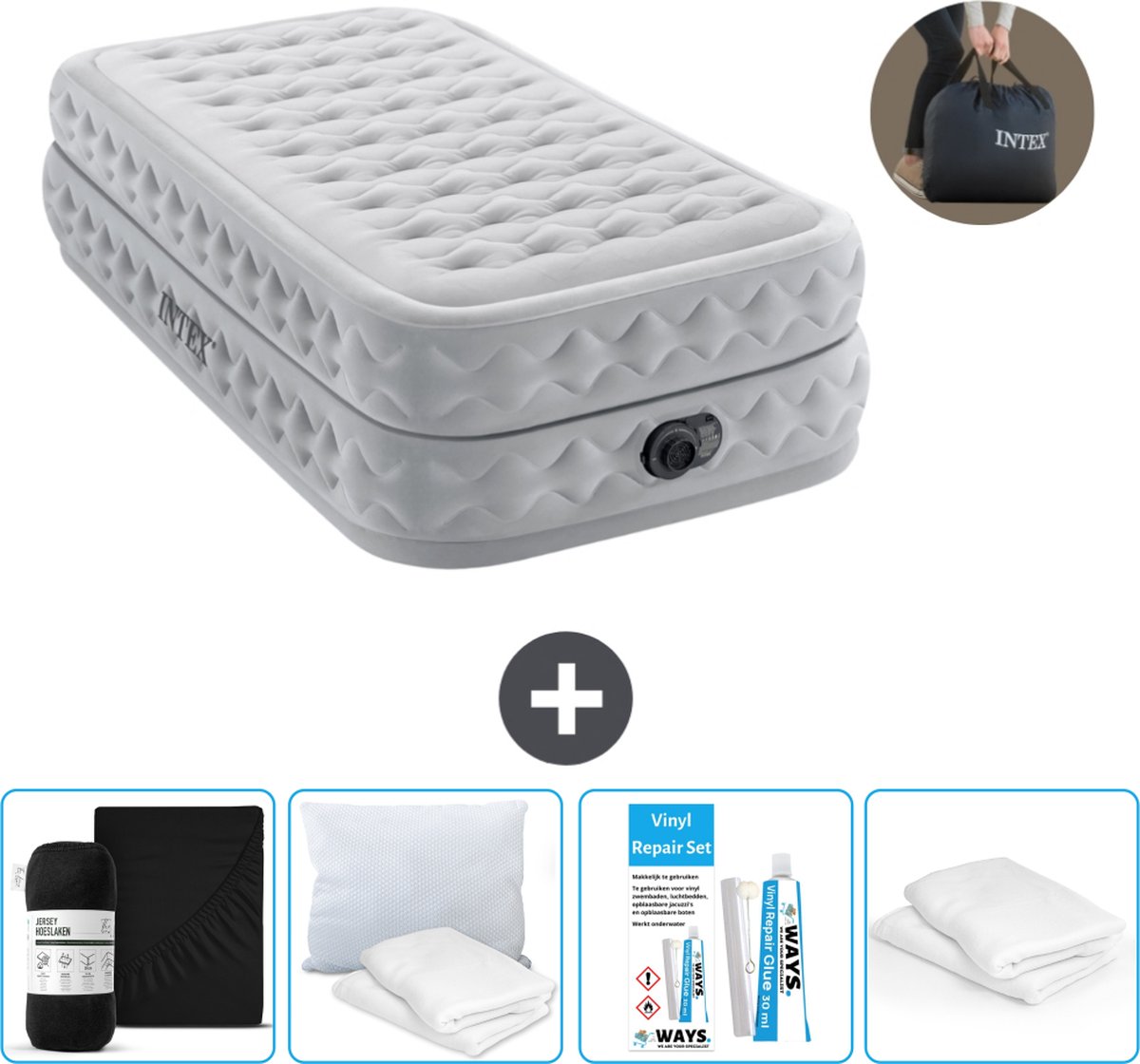 Intex Luchtbed - 1-Persoons - 99 x 191 x 51 cm - Grijs - Inclusief pomp - Hoeslaken - Kussen - Reparatieset en Kussenbeschermer