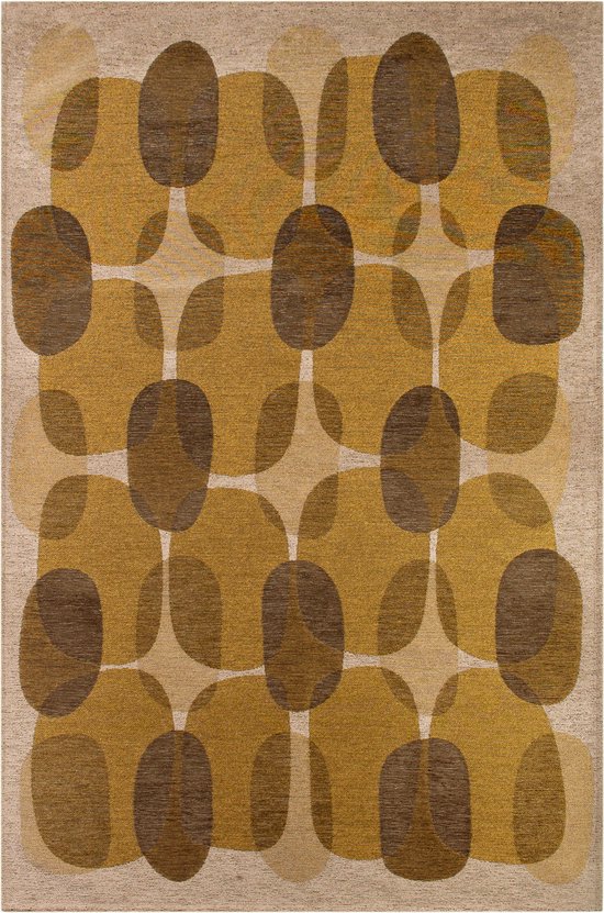 Geel tapijt met willekeurige, ronde vormen en een "Café" bonenmotief - Vloerkleed - 80 x 150 cm