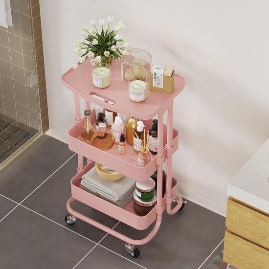Relaxdays opbergtrolley, 3 etages, 2 remmen, trolley voor keuken, H