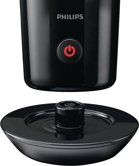 Zwarte Philips melkopschuimer met aan/uit-knop en losse zwarte schotel.