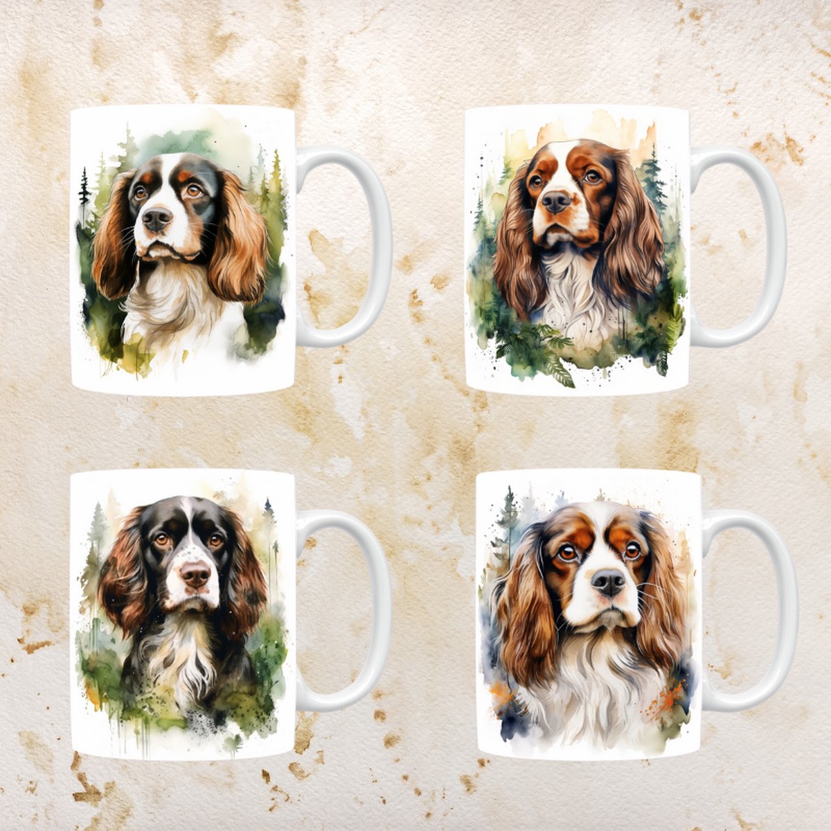 Cavalier King Spaniël mokken set van 4, servies voor hondenliefhebbers, hond, thee mok, beker, koffietas, koffie, cadeau, moeder, oma, pasen decoratie, kerst, verjaardag