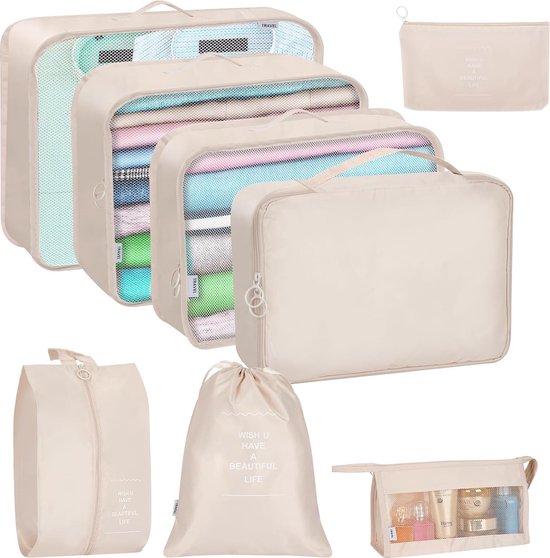 Kofferorganizerset, 8-delige inpakkubussen, reisorganizer, waterdicht, verpakkingskubussen voor rugzak voor droge kleding, ondergoed, cosmetica (beige)