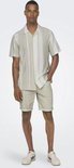 Man in licht groen hemd met verticale strepen, beige shorts.