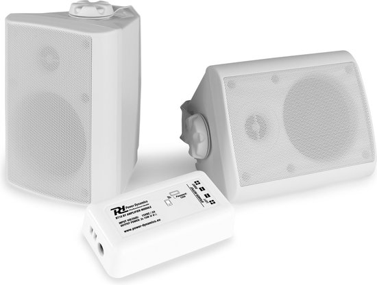 Buiten speakers - Power Dynamics BT10 versterker met Bluetooth en 4'' witte speakers