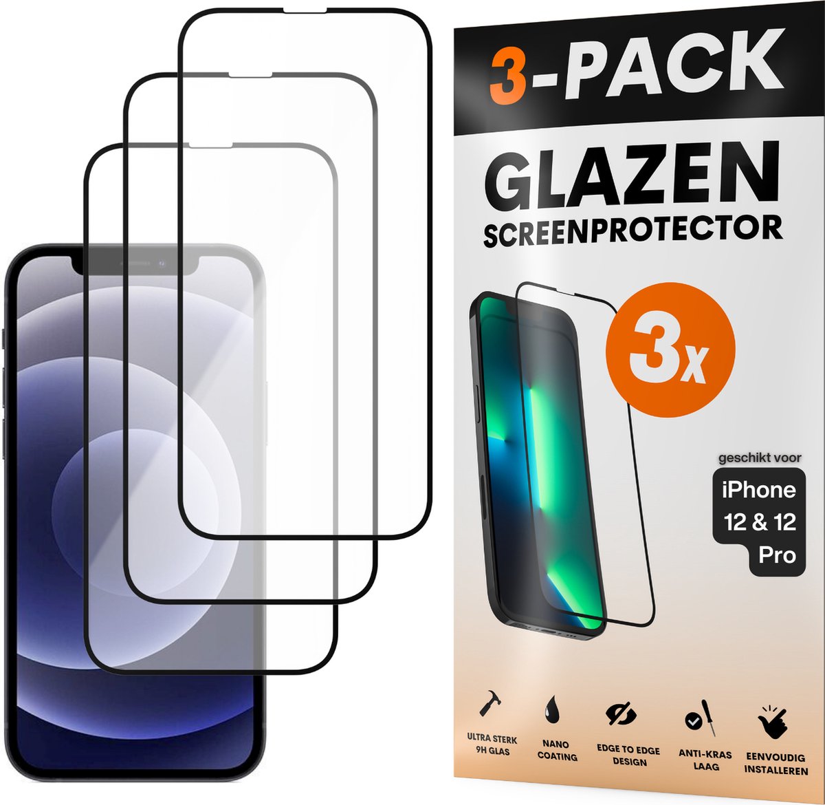 Screenprotector - Geschikt voor iPhone 12 / 12 Pro - Gehard Glas - Full Cover Tempered Glass - Case Friendly - 3 Pack