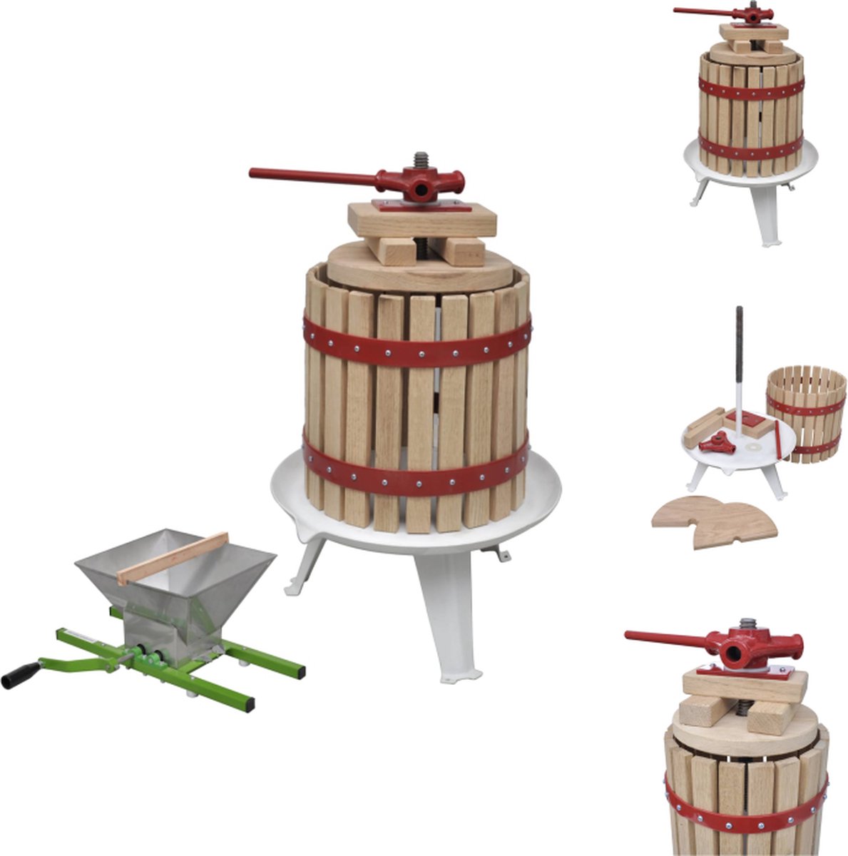 VidaXL Fruitpersset Fruit- en wijnpers 12L Massief eikenhout Gietijzeren hardware Stamper Robuuste constructie Eenvoudige montage Inclusief stoffen zak Citruspers (handmatig)