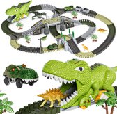 Dinosaurus Speelgoed Racebaan,281 Stuks Dinosaurus Treinspeelgoed voor Kinderen 3 4 5 6 jaar oud,Flexibele Treinrails met 4 Dinosaurussen,2 Elektrische Raceauto's met Verlichting