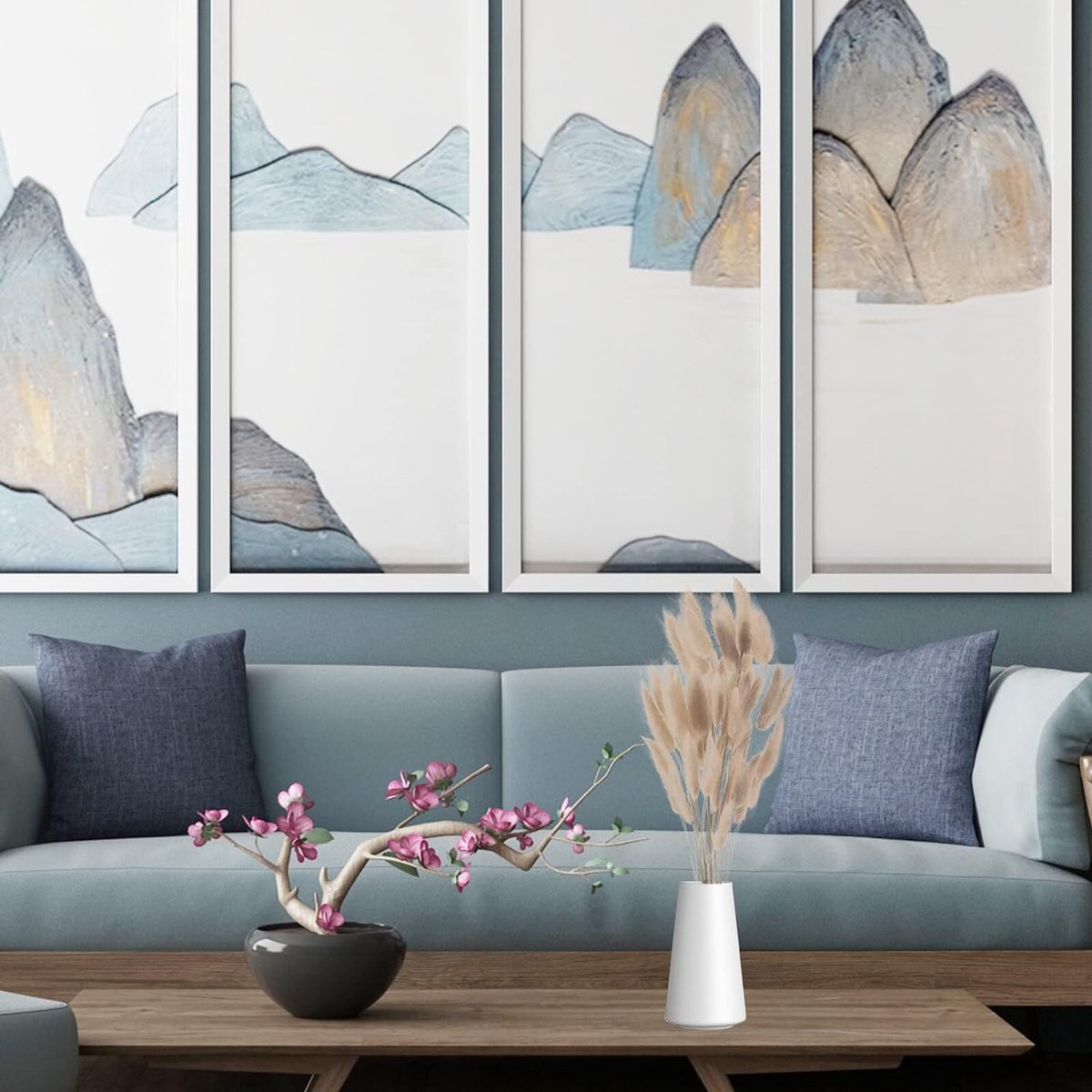 NOLACE 30 stuks kunstmatig pampasgras, blauw, 55 cm, kleine pluizige pampasdecoratie voor tafelvaas, droogbloemen, decoratie turquoise, voor maritieme decoratie, badkamer, winter, woonkamer en